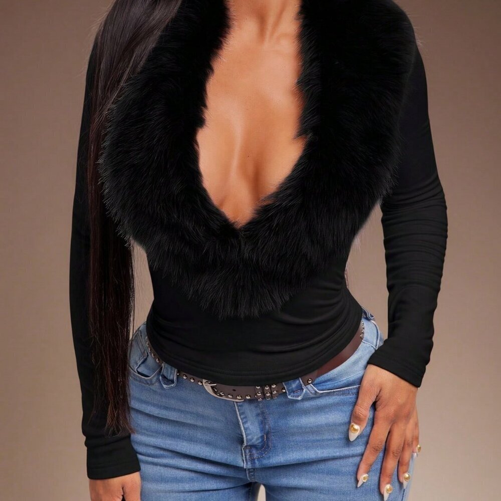 Black Sexy Women's faux fur Collar T-Shirt
